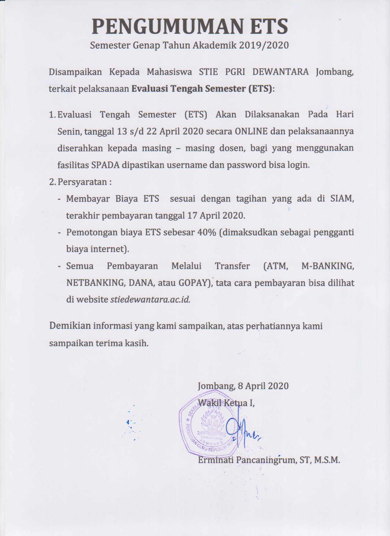 PENGUMUMAN ETS SEMESTER GENAP TA 2019/2020
