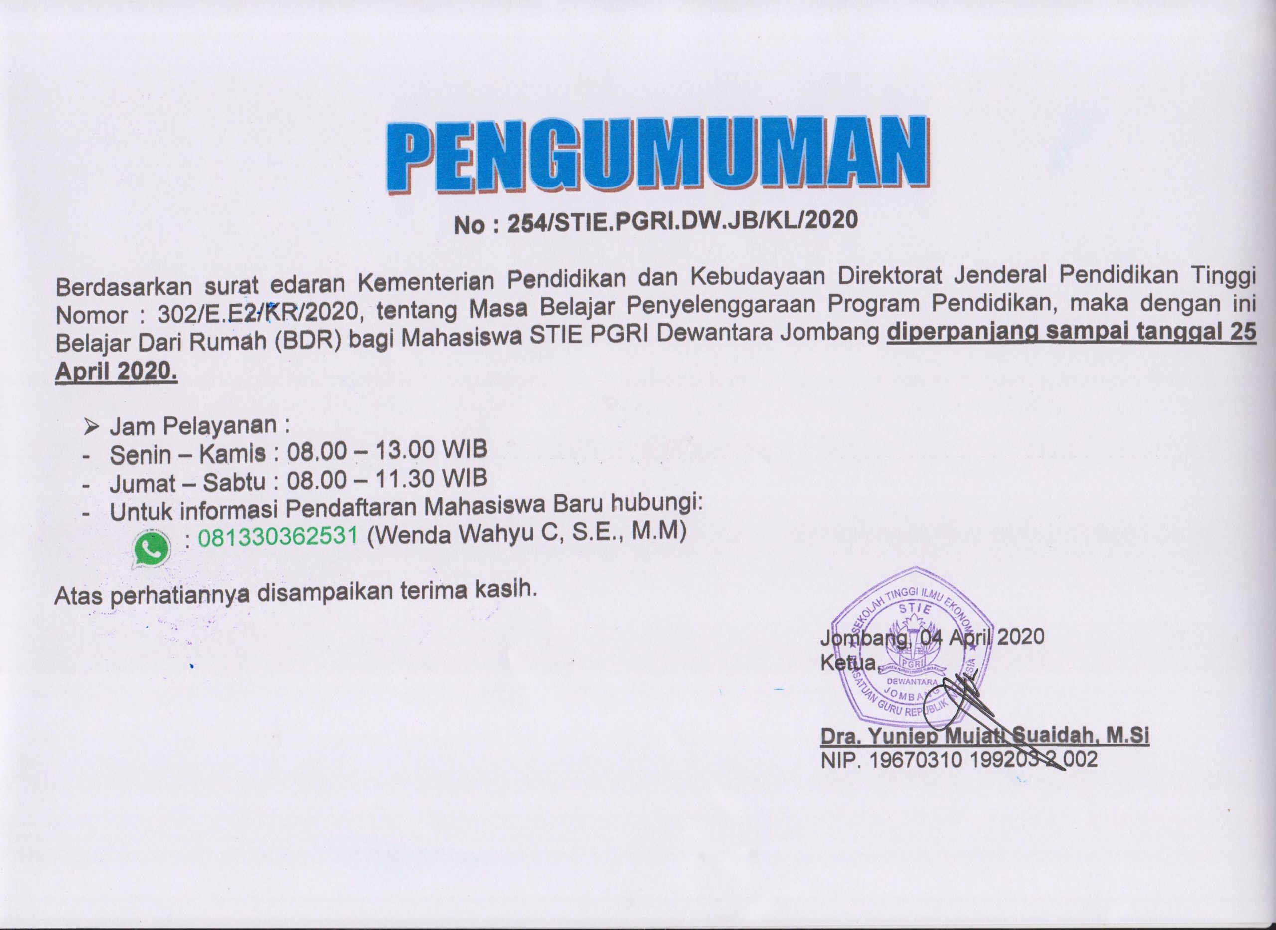 Pengumuman Pelayanan Dalam Masa Pandemi Virus Covid-19