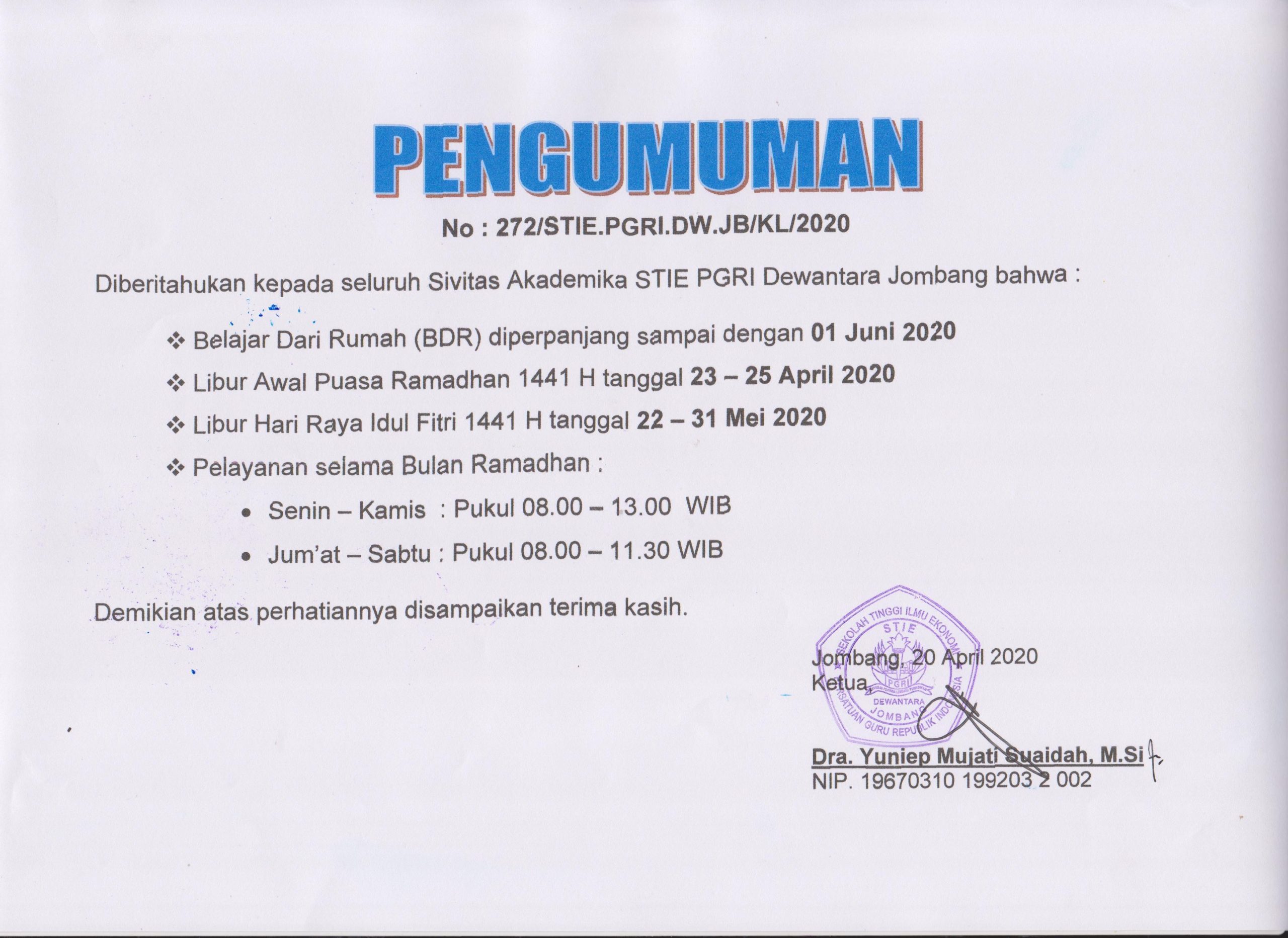 PENGUMUMAN PELAYANAN SELAMA BULAN RAMADHAN DAN LIBUR IDUL FITRI 1441 H