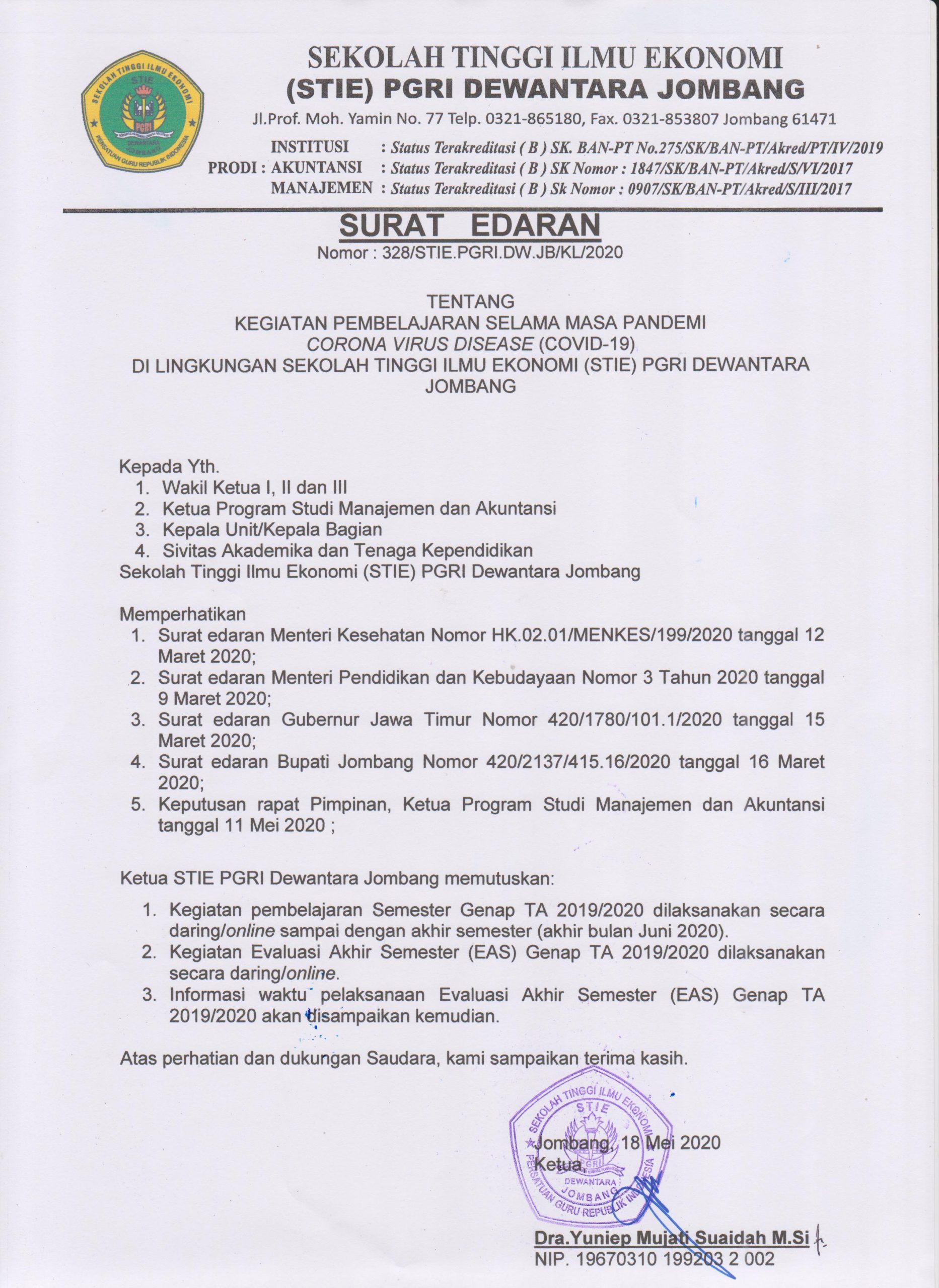 SURAT EDARAN TENTANG KEGIATAN PEMBELAJARAN SELAMA MASA PANDEMI COVID-19