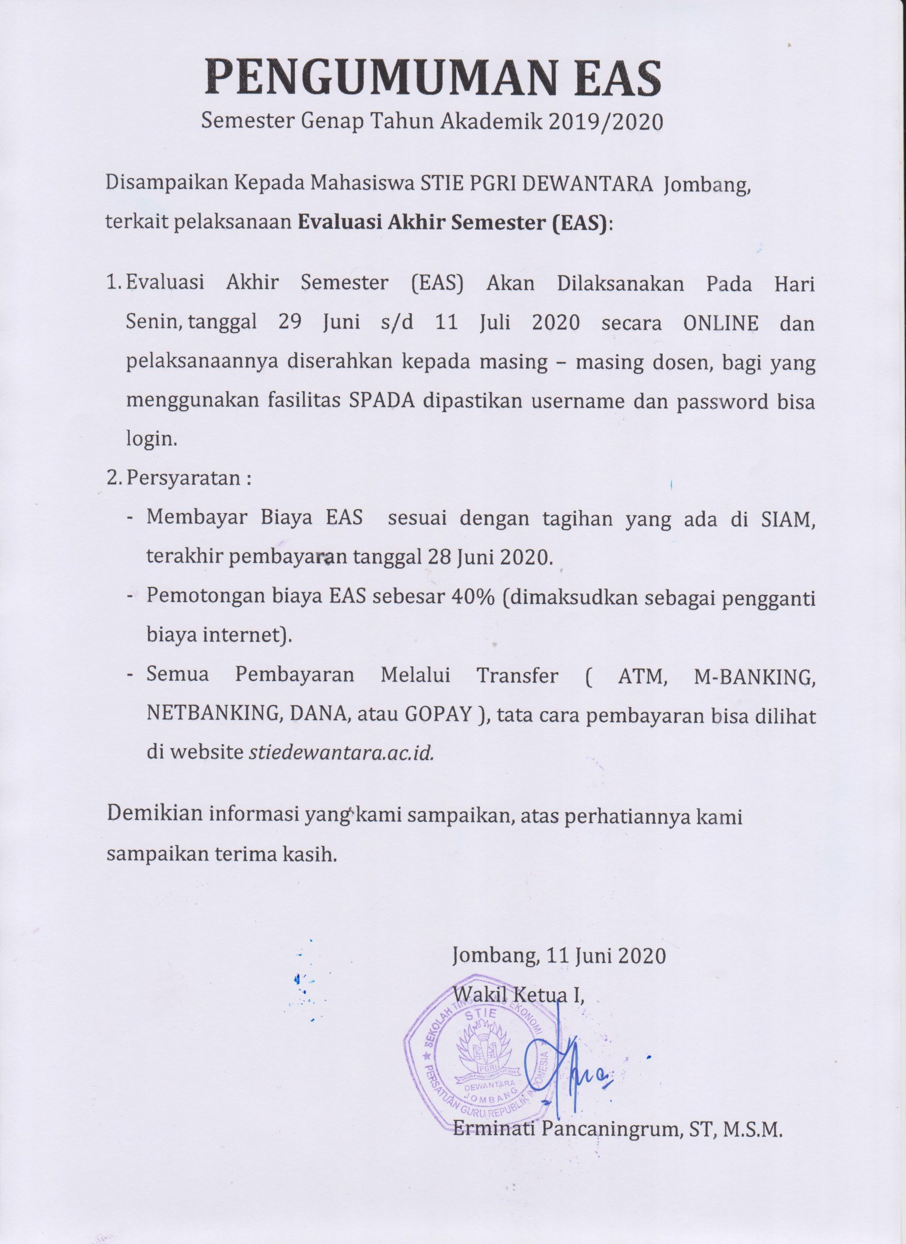PENGUMUMAN EAS SEMESTER GENAP TAHUN AKADEMIK 2019/2020