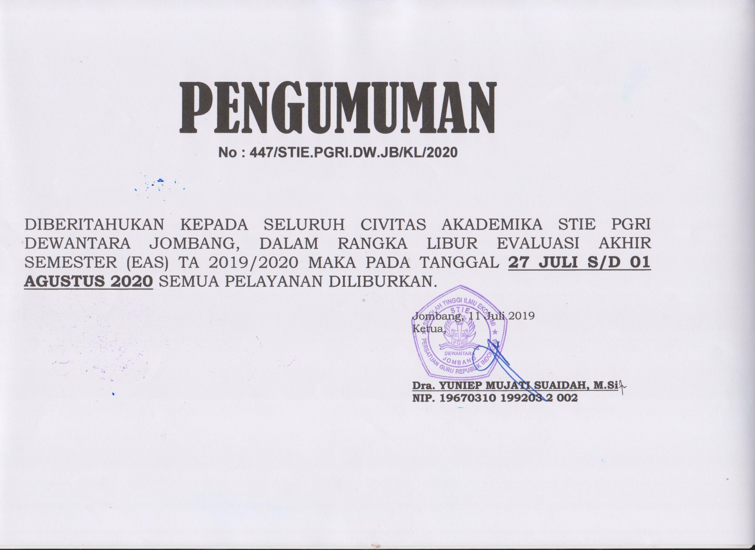PENGUMUMAN LIBUR EVALUASI AKHIR SEMESTER (EAS) TA 2019/2020