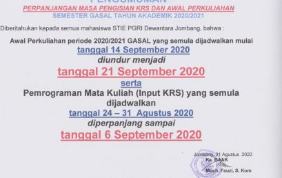 Pengumuman Perpanjangan Masa Pengisian KRS Dan Awal Perkuliahan Semester Gasal TA 2020/2021