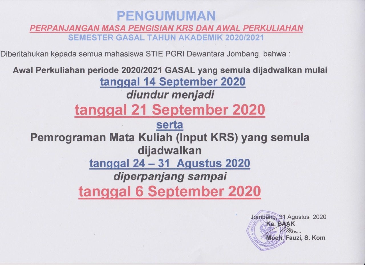 Pengumuman Perpanjangan Masa Pengisian KRS Dan Awal Perkuliahan Semester Gasal TA 2020/2021
