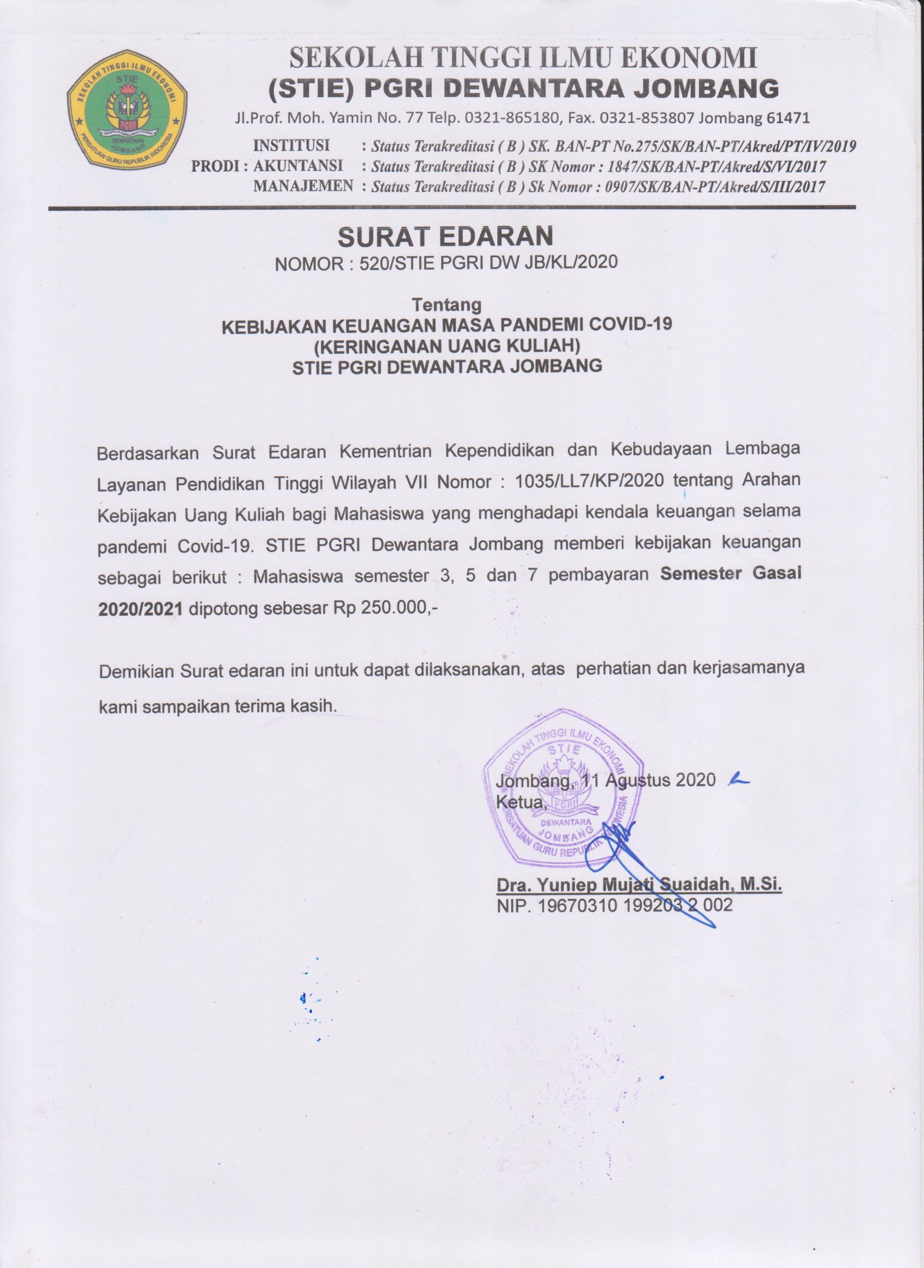 Surat Edaran Tentang Keringanan Uang Kuliah Selama Pandemi Covid-19