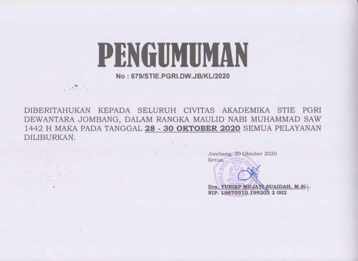 PENGUMUMAN LIBUR PELAYANAN DAN CUTI BERSAMA MEMPERINGATI MAULID NABI MUHAMMAD SAW 1442 H