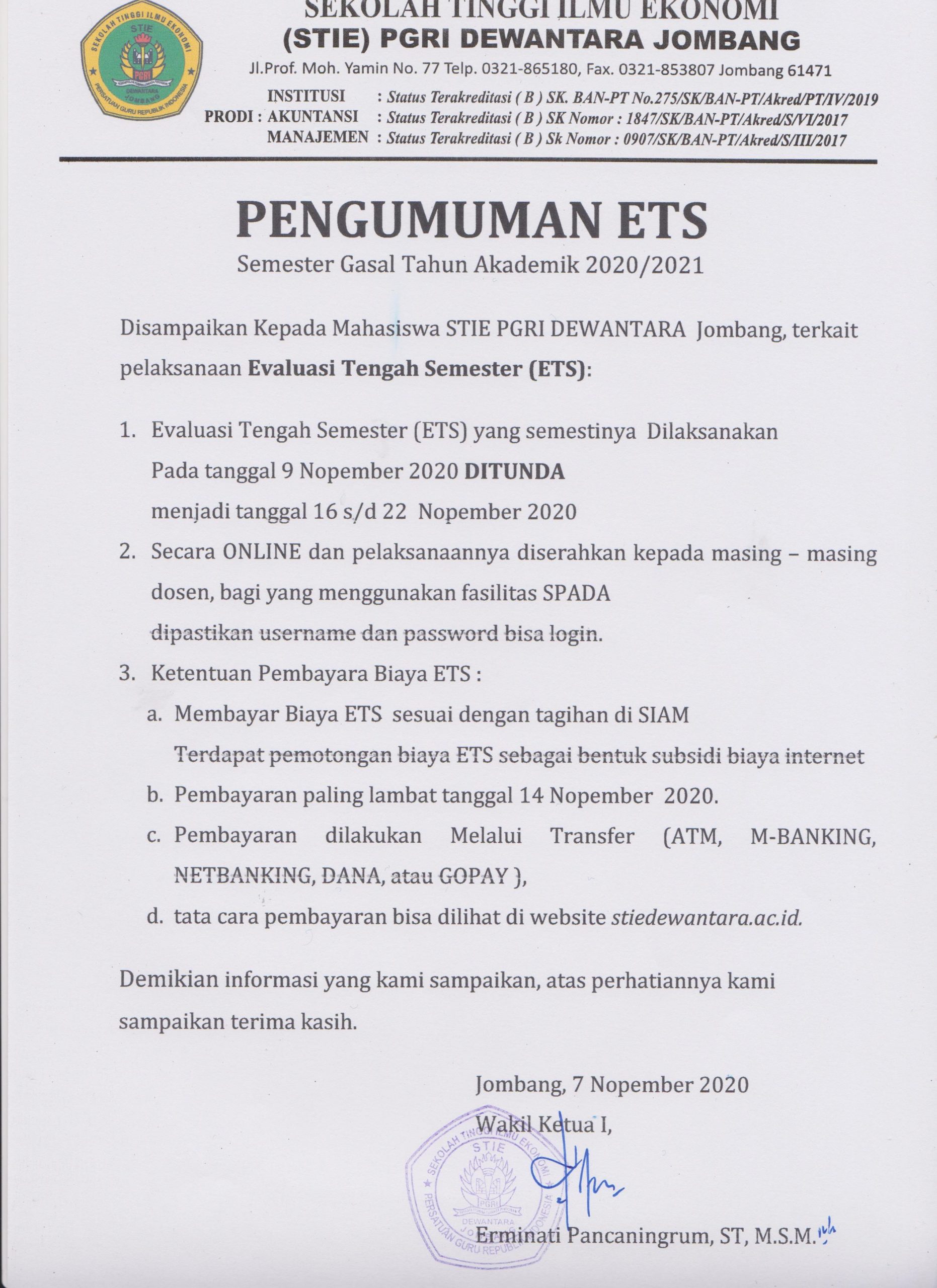 PENGUMUMAN ETS SEMESTER GASAL TAHUN AKADEMIK 2020/2021