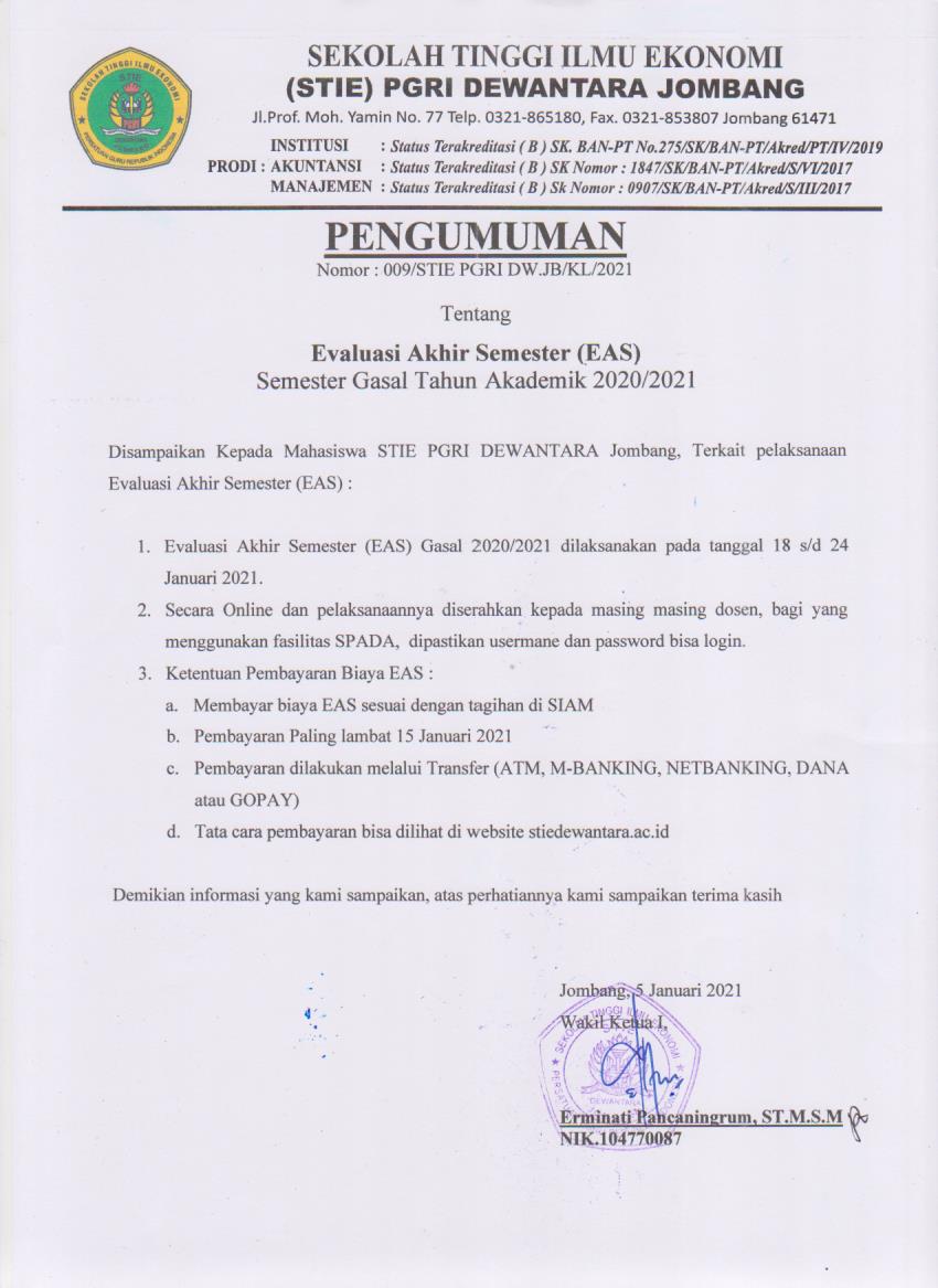 Pengumuman Evaluasi Akhir Semester Gasal Tahun Akademik 2020/2021