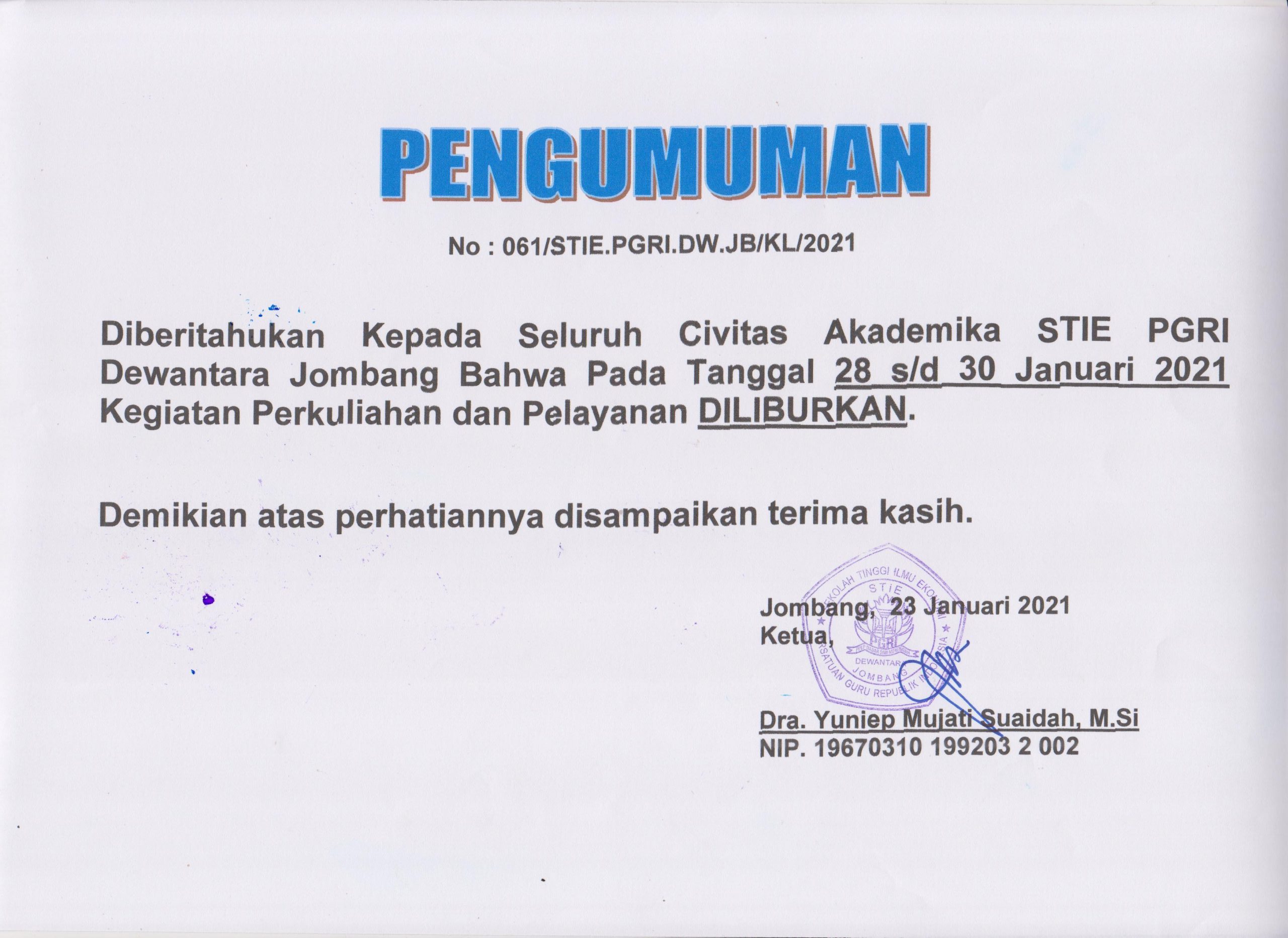 Pengumuman Libur Perkuliahan dan Pelayanan
