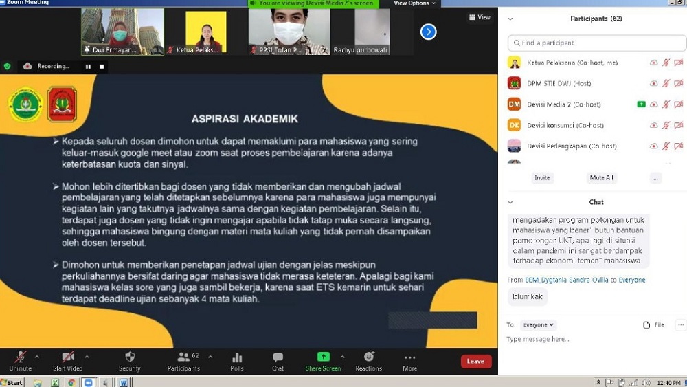 DEWAN PERWAKILAN MAHASISWA (DPM) STIE PGRI DEWANTARA JOMBANG SUKSES GELAR  MUSYAWARAH MAHASISWA SECARA DARING