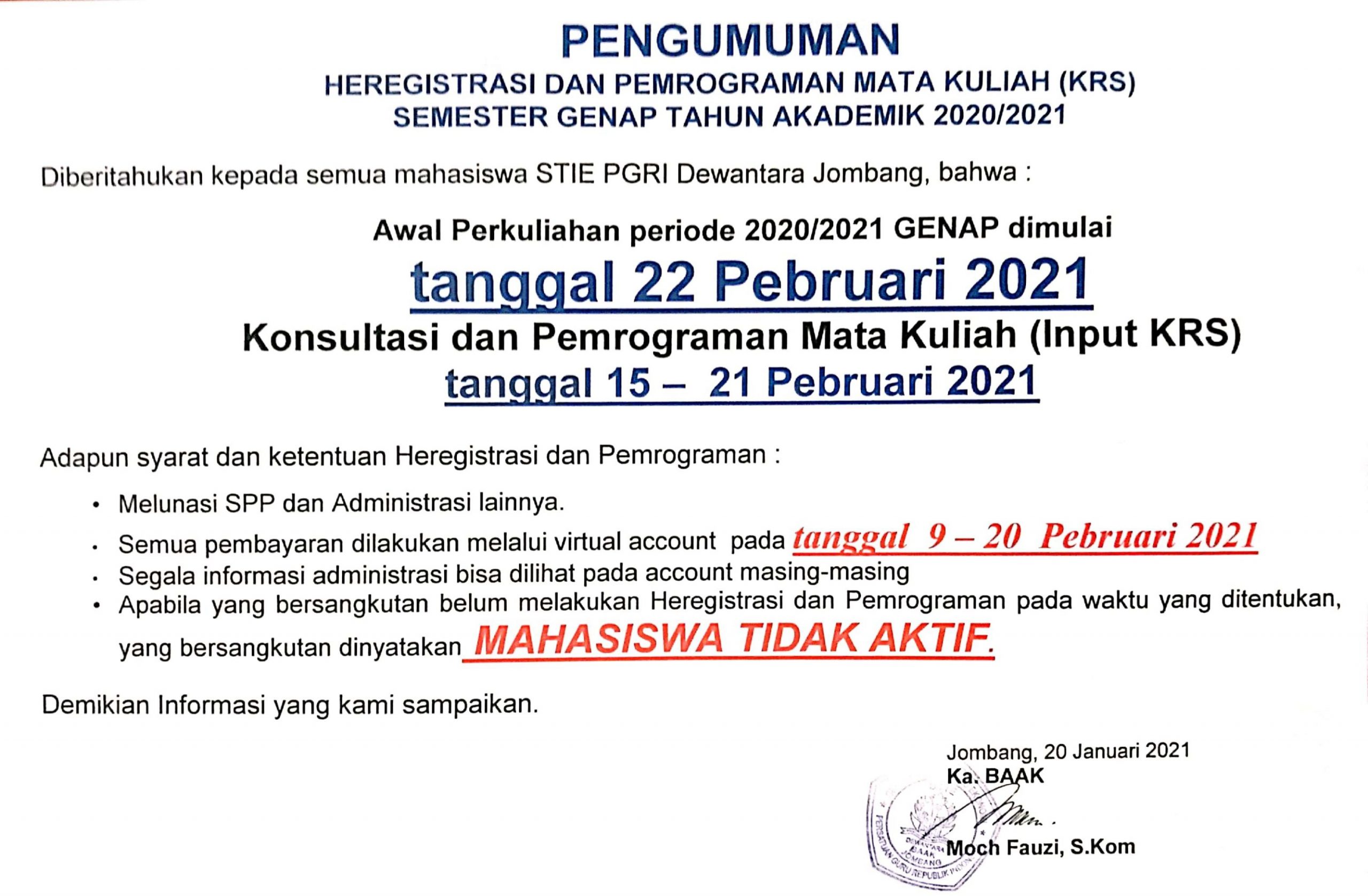 PENGUMUMAN KRS SEMESTER GENAP TA 2020-2021