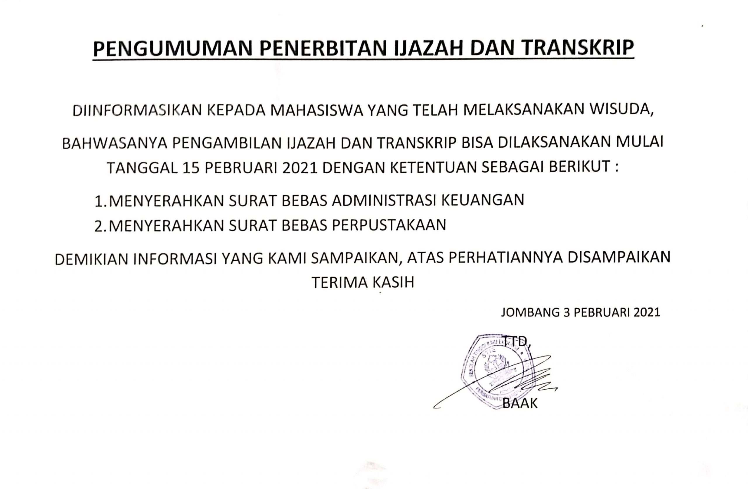 PENGUMUMAN PENERBITAN IJAZAH DAN TRANSKRIP