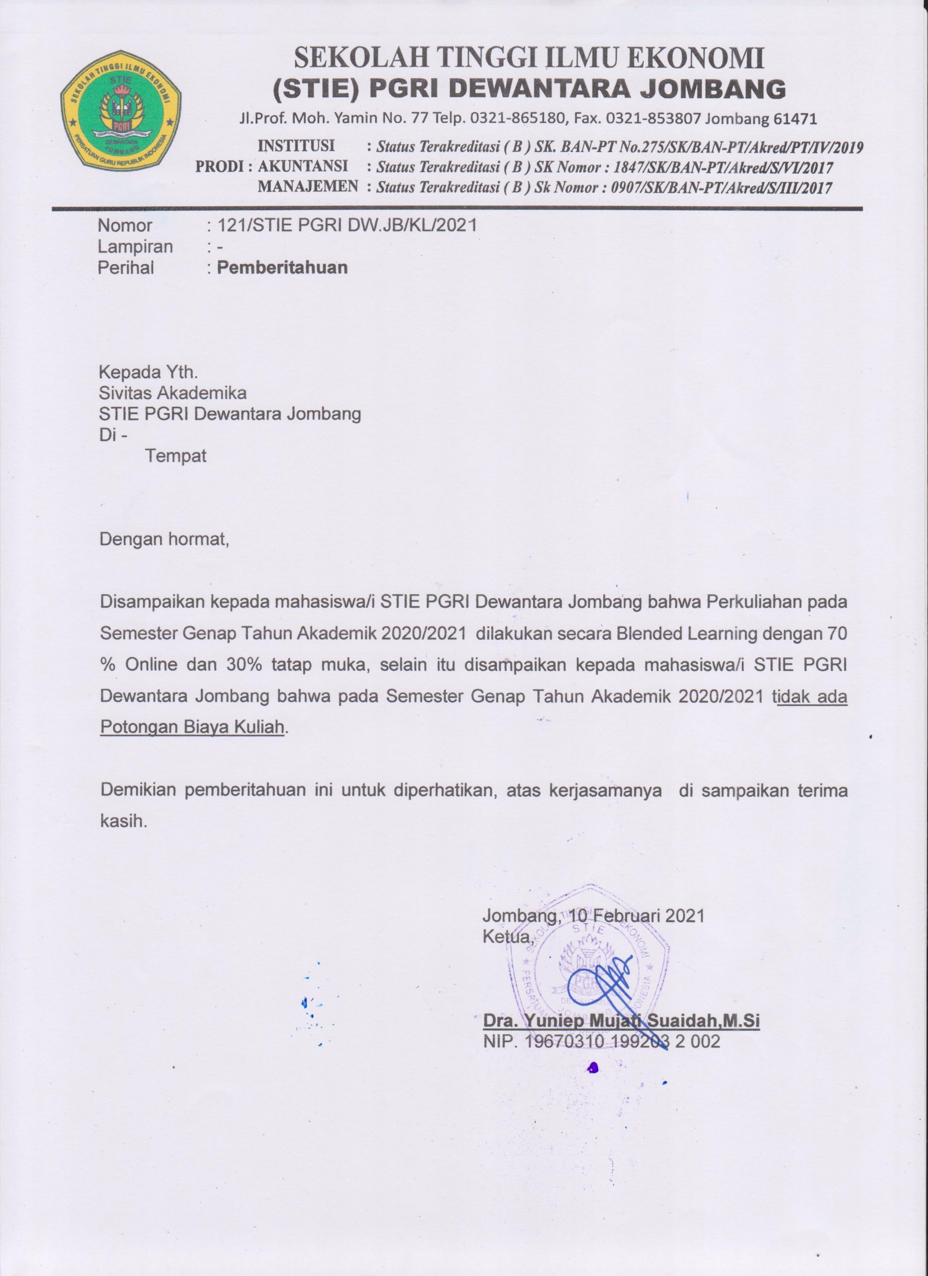 PENGUMUMAN METODE PERKULIAHAN SEMESTER GENAP TA 2020/2021 & BIAYA PERKULIAHAN
