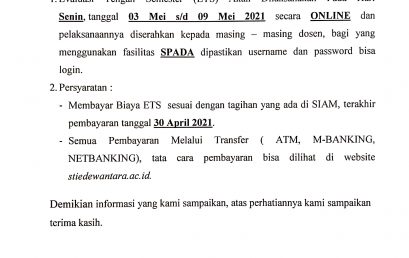 Pengumuman ETS Semester Genap Tahun Akademik 2020-2021