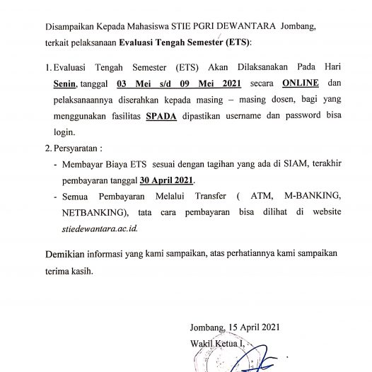 Pengumuman ETS Semester Genap Tahun Akademik 2020-2021