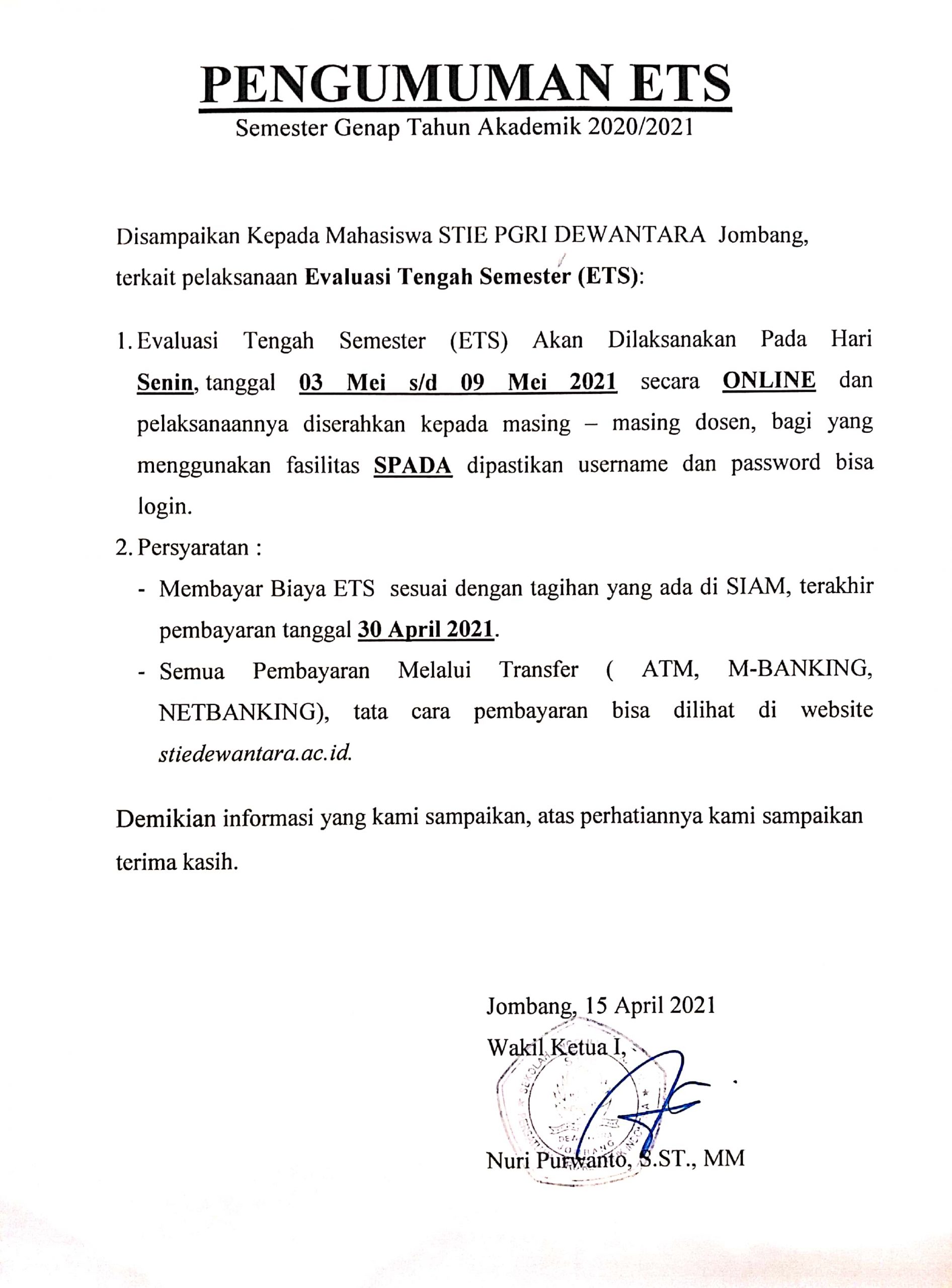 Pengumuman ETS Semester Genap Tahun Akademik 2020-2021